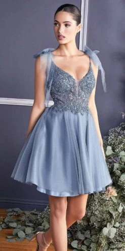 Cinderella Divine CD0174 Short A-Line Dress Lace Applique Tulle Ribbon(Short A Line Party Dress Smokey Blue Lace Applique Bodice Tulle Ribbon) -Discount Dress Shops CD0174 cinderella divine smokey blue
