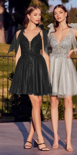 Cinderella Divine CD0174 Short A-Line Dress Lace Applique Tulle Ribbon(Short A Line Party Dress Smokey Blue Lace Applique Bodice Tulle Ribbon) -Discount Dress Shops CD0174 black