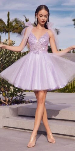 Cinderella Divine CD0174 Short A-Line Dress Lace Applique Tulle Ribbon(Short A Line Party Dress Smokey Blue Lace Applique Bodice Tulle Ribbon) -Discount Dress Shops CD0174 lavender