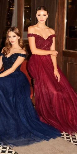 Cinderella Divine CD0177 Glitter Tulle A-Line Ball Gown Off The Shoulder(Floor Length Glitter Tulle A Line Navy Blue Ball Gown Off The Shoulder) -Discount Dress Shops CD0177 cinderella divine burgundy
