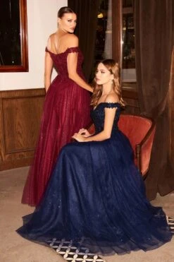 Cinderella Divine CD0177 Glitter Tulle A-Line Ball Gown Off The Shoulder(Floor Length Glitter Tulle A Line Navy Blue Ball Gown Off The Shoulder) -Discount Dress Shops CD0177 cinderella divine burgundy back