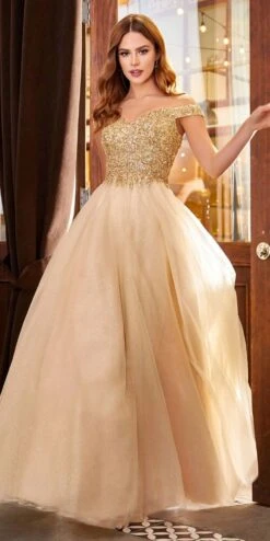 Cinderella Divine CD0177 Glitter Tulle A-Line Ball Gown Off The Shoulder(Floor Length Glitter Tulle A Line Navy Blue Ball Gown Off The Shoulder) -Discount Dress Shops CD0177 cinderella divine gold