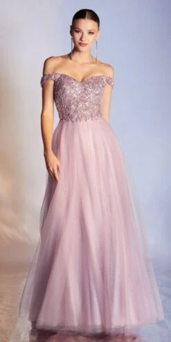 Cinderella Divine CD0177 Glitter Tulle A-Line Ball Gown Off The Shoulder(Floor Length Glitter Tulle A Line Navy Blue Ball Gown Off The Shoulder) -Discount Dress Shops CD0177 cinderella divine mauve