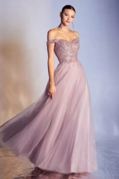 Cinderella Divine CD0177 Glitter Tulle A-Line Ball Gown Off The Shoulder(Floor Length Glitter Tulle A Line Navy Blue Ball Gown Off The Shoulder) -Discount Dress Shops CD0177 cinderella divine mauve side