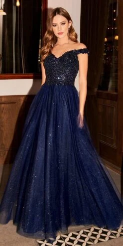 Cinderella Divine CD0177 Glitter Tulle A-Line Ball Gown Off The Shoulder(Floor Length Glitter Tulle A Line Navy Blue Ball Gown Off The Shoulder) -Discount Dress Shops CD0177 cinderella divine navy blue