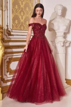 Cinderella Divine CD0177 Glitter Tulle A-Line Ball Gown Off The Shoulder(Floor Length Glitter Tulle A Line Navy Blue Ball Gown Off The Shoulder) -Discount Dress Shops CD0177 burgundy