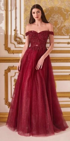 Cinderella Divine CD0177 Glitter Tulle A-Line Ball Gown Off The Shoulder(Floor Length Glitter Tulle A Line Navy Blue Ball Gown Off The Shoulder) -Discount Dress Shops CD0177 burgundy 1