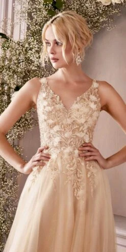 Cinderella Divine CD0181 Long Lace Floral A-Line Tulle/Lace Dress(Long Lace Floral A Line Tulle Lace Dress By Cinderella Divine Cd0181) -Discount Dress Shops CD0181 champagne 1
