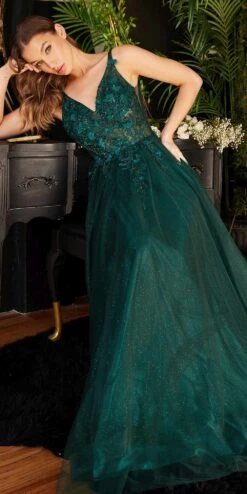 Cinderella Divine CD0181 Long Lace Floral A-Line Tulle/Lace Dress(Long Lace Floral A Line Tulle Lace Dress By Cinderella Divine Cd0181) -Discount Dress Shops CD0181 emerald