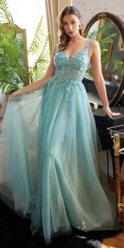 Cinderella Divine CD0181 Long Lace Floral A-Line Tulle/Lace Dress(Long Lace Floral A Line Tulle Lace Dress By Cinderella Divine Cd0181) -Discount Dress Shops CD0181 jade