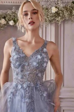 Cinderella Divine CD0181 Long Lace Floral A-Line Tulle/Lace Dress(Long Lace Floral A Line Tulle Lace Dress By Cinderella Divine Cd0181) -Discount Dress Shops CD0181 smokyblue