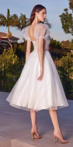 Ladivine CD0187 Tea Length Layered Tulle Dress With Short Puff Sleeves(Ladivine Cd0187 Tea Length Layered Tulle Dress With Short Puff Sleeves) -Discount Dress Shops CD0187W offwhite 1