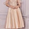Ladivine CD0187 Tea Length Layered Tulle Dress With Short Puff Sleeves(Ladivine Cd0187 Tea Length Layered Tulle Dress With Short Puff Sleeves)