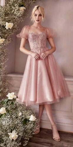 Ladivine CD0187 Tea Length Layered Tulle Dress With Short Puff Sleeves(Ladivine Cd0187 Tea Length Layered Tulle Dress With Short Puff Sleeves) -Discount Dress Shops CD0187 rosegold 1