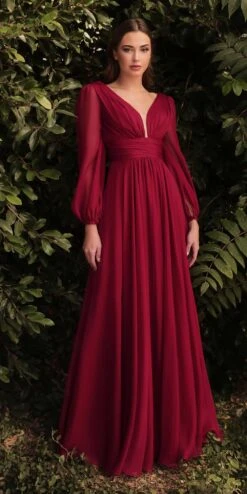 Cinderella Divine CD0192 Long Sleeve A-Line Chiffon Dress(Long Sleeve A Line Chiffon Dress By Cinderella Divine Cd0192) -Discount Dress Shops CD0192 BURGUNDY 1