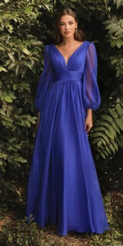 Cinderella Divine CD0192 Long Sleeve A-Line Chiffon Dress(Long Sleeve A Line Chiffon Dress By Cinderella Divine Cd0192) -Discount Dress Shops CD0192 ROYAL