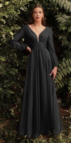 Cinderella Divine CD0192 Long Sleeve A-Line Chiffon Dress(Long Sleeve A Line Chiffon Dress By Cinderella Divine Cd0192) -Discount Dress Shops CD0192 black