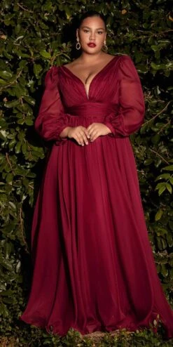 Cinderella Divine CD0192 Long Sleeve A-Line Chiffon Dress(Long Sleeve A Line Chiffon Dress By Cinderella Divine Cd0192) -Discount Dress Shops CD0192 burgundy 2