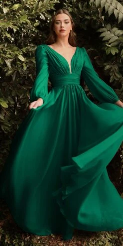 Cinderella Divine CD0192 Long Sleeve A-Line Chiffon Dress(Long Sleeve A Line Chiffon Dress By Cinderella Divine Cd0192) -Discount Dress Shops CD0192 emerald