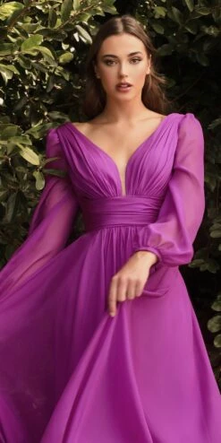Cinderella Divine CD0192 Long Sleeve A-Line Chiffon Dress(Long Sleeve A Line Chiffon Dress By Cinderella Divine Cd0192) -Discount Dress Shops CD0192 orchid
