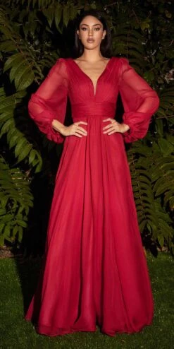Cinderella Divine CD0192 Long Sleeve A-Line Chiffon Dress(Long Sleeve A Line Chiffon Dress By Cinderella Divine Cd0192) -Discount Dress Shops CD0192 red
