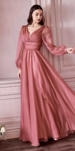 Cinderella Divine CD0192 Long Sleeve A-Line Chiffon Dress(Long Sleeve A Line Chiffon Dress By Cinderella Divine Cd0192) -Discount Dress Shops CD0192 rosewood