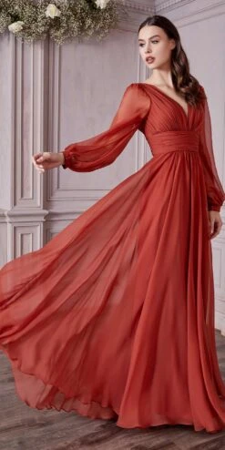 Cinderella Divine CD0192 Long Sleeve A-Line Chiffon Dress(Long Sleeve A Line Chiffon Dress By Cinderella Divine Cd0192) -Discount Dress Shops CD0192 sienna