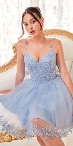 Ladivine CD0213 Short A-Line And Glitter Tulle Dress(Ladivine Cd0213 Short A Line And Glitter Tulle Dress) -Discount Dress Shops CD0213 lt.blue 1