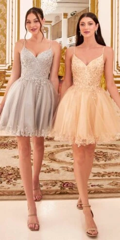 Ladivine CD0213 Short A-Line And Glitter Tulle Dress(Ladivine Cd0213 Short A Line And Glitter Tulle Dress) -Discount Dress Shops CD0213 silver champagne