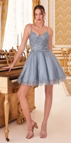 Ladivine CD0213 Short A-Line And Glitter Tulle Dress(Ladivine Cd0213 Short A Line And Glitter Tulle Dress) -Discount Dress Shops CD0213 smokyblue