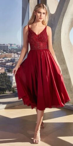 Ladivine CD0225 A-Line Layered Chiffon Tea Length V-Neck Dress(Ladivine Cd0225 A Line Layered Chiffon Tea Length V Neck Dress) -Discount Dress Shops CD0225 burgundy 1
