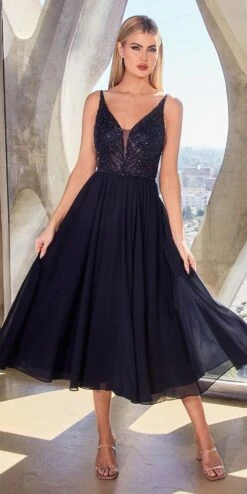 Ladivine CD0225 A-Line Layered Chiffon Tea Length V-Neck Dress(Ladivine Cd0225 A Line Layered Chiffon Tea Length V Neck Dress) -Discount Dress Shops CD0225 navy