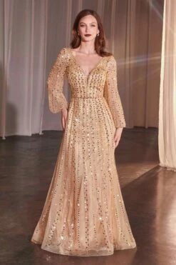Ladivine CD0240 Dress Long Sleeve A-Line Beaded Gown(Ladivine Cd0240 Dress Long Sleeve A Line Beaded Gown)
