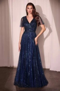 Ladivine CD0241 Dress Sequin Embellished A-Line Gown(Ladivine Cd0241 Dress Sequin Embellished A Line Gown) -Discount Dress Shops CD0241 ANDREA AND LEO navy FRONT