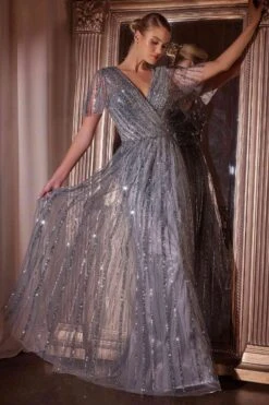 Ladivine CD0241 Dress Sequin Embellished A-Line Gown(Ladivine Cd0241 Dress Sequin Embellished A Line Gown) -Discount Dress Shops CD0241 LADIVINE SMOKY BLUE