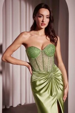 Ladivine CD2408 Dress Strapless Fitted Satin & Hot Stone Dress(Ladivine Cd2408 Dress Strapless Fitted Satin Hot Stone Dress) -Discount Dress Shops CD2408 LADIVINE GREENERY