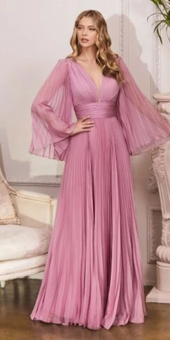 Cinderella Divine CD242 Pleated Chiffon Long Sleeve Gown(Pleated Chiffon Long Sleeve Gown By Cinderella Divine Cd242)