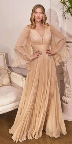 Cinderella Divine CD242 Pleated Chiffon Long Sleeve Gown(Pleated Chiffon Long Sleeve Gown By Cinderella Divine Cd242) -Discount Dress Shops CD242 champagne