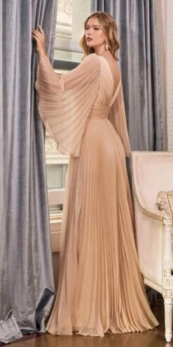 Cinderella Divine CD242 Pleated Chiffon Long Sleeve Gown(Pleated Chiffon Long Sleeve Gown By Cinderella Divine Cd242) -Discount Dress Shops CD242 champagne 1