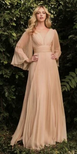 Cinderella Divine CD242 Pleated Chiffon Long Sleeve Gown(Pleated Chiffon Long Sleeve Gown By Cinderella Divine Cd242) -Discount Dress Shops CD242 champagne copy