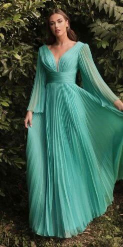 Cinderella Divine CD242 Pleated Chiffon Long Sleeve Gown(Pleated Chiffon Long Sleeve Gown By Cinderella Divine Cd242) -Discount Dress Shops CD242 jade