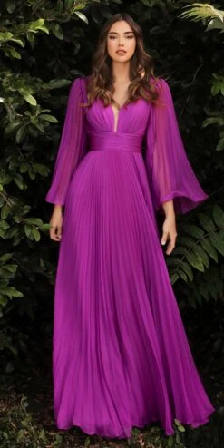 Cinderella Divine CD242 Pleated Chiffon Long Sleeve Gown(Pleated Chiffon Long Sleeve Gown By Cinderella Divine Cd242) -Discount Dress Shops CD242 orchid