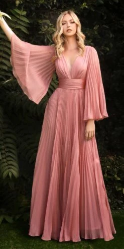 Cinderella Divine CD242 Pleated Chiffon Long Sleeve Gown(Pleated Chiffon Long Sleeve Gown By Cinderella Divine Cd242) -Discount Dress Shops CD242 rosecold