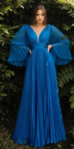 Cinderella Divine CD242 Pleated Chiffon Long Sleeve Gown(Pleated Chiffon Long Sleeve Gown By Cinderella Divine Cd242) -Discount Dress Shops CD242 teal 1