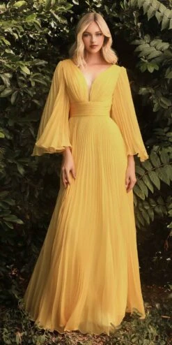 Cinderella Divine CD242 Pleated Chiffon Long Sleeve Gown(Pleated Chiffon Long Sleeve Gown By Cinderella Divine Cd242) -Discount Dress Shops CD242 yellow