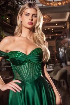 Ladivine CD297 Dress Strapless Beaded Satin A-Line Prom Gown(Ladivine Cd297 Dress Strapless Beaded Satin A Line Prom Gown) -Discount Dress Shops CD297 EMERALD 1