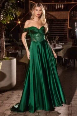 Ladivine CD297 Dress Strapless Beaded Satin A-Line Prom Gown(Ladivine Cd297 Dress Strapless Beaded Satin A Line Prom Gown) -Discount Dress Shops CD297 EMERALD FRONT
