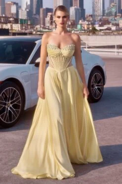 Ladivine CD297 Dress Strapless Beaded Satin A-Line Prom Gown(Ladivine Cd297 Dress Strapless Beaded Satin A Line Prom Gown) -Discount Dress Shops CD297 LT YELLOW FRONT