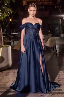 Ladivine CD297 Dress Strapless Beaded Satin A-Line Prom Gown(Ladivine Cd297 Dress Strapless Beaded Satin A Line Prom Gown) -Discount Dress Shops CD297 NAVY FRONT