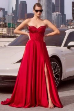 Ladivine CD297 Dress Strapless Beaded Satin A-Line Prom Gown(Ladivine Cd297 Dress Strapless Beaded Satin A Line Prom Gown) -Discount Dress Shops CD297 RED 2